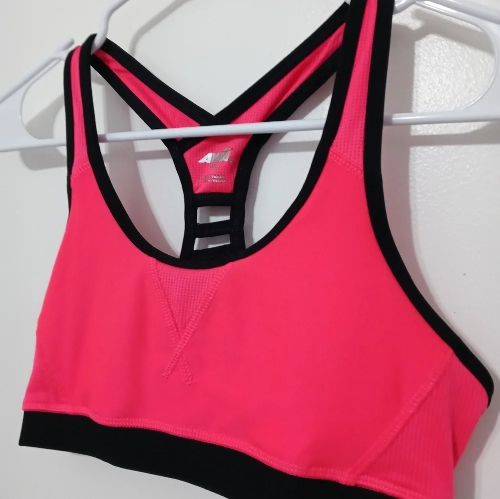 Avia pink black lined racerback sports bra mesh sides reflective logo M
